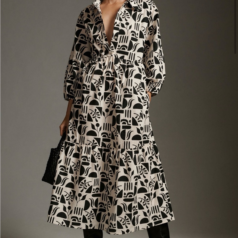 NEW WITH TAGS Maeve Bettina Tiered Black and White Patterned Shirt Dress